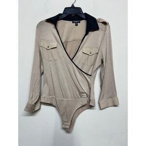 bebe Tan Wrap Bodysuit Top Women's Medium V-Neck Long Sleeve Career chic classic